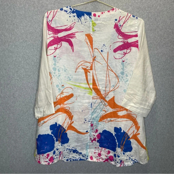 Ali Miles Linen Paint Splatter 3/4 Sleeve Bucket Pocket 80s Retro Tunic Top - Picture 5 of 5
